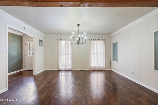 190 Briarwood Dr, Holly Springs, MS 38635 - empty room featuring a chandelier, dark wood finished floors, crown molding, and baseboards