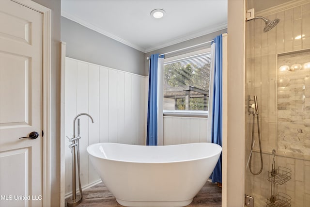 190 Briarwood Dr, Holly Springs, MS 38635 - full bathroom with a stall shower, wood finished floors, a freestanding bath, crown molding, and wainscoting