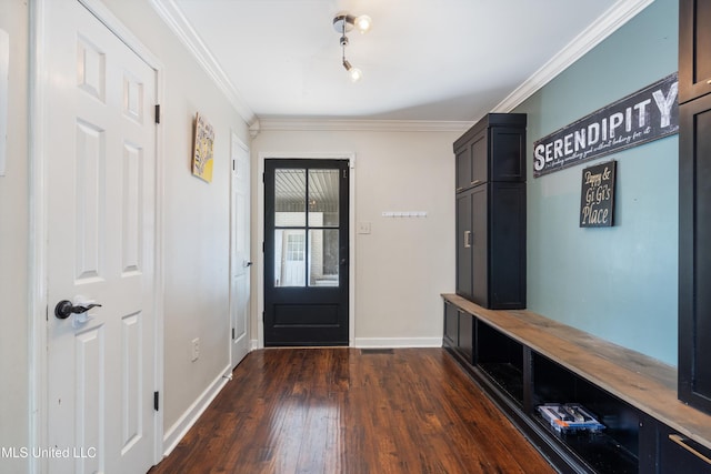 190 Briarwood Dr, Holly Springs, MS 38635 - mudroom with dark wood-style floors, baseboards, and crown molding