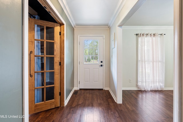 entrance foyer featuring dark hardwood / wood-style floors and crown molding