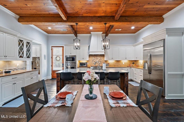 dining space with beam ceiling and wooden ceiling