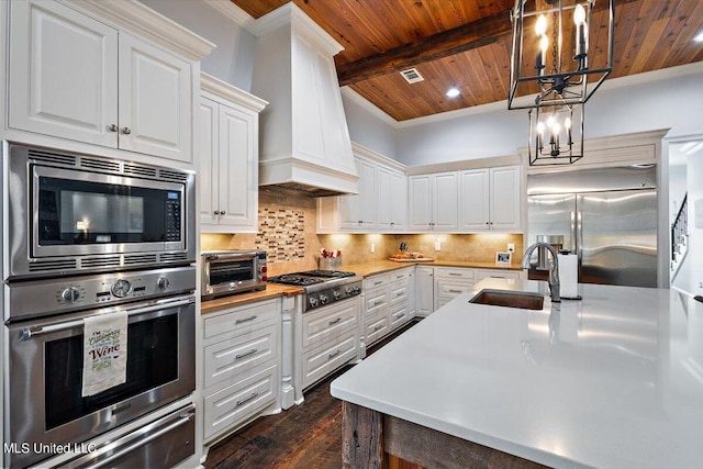 kitchen featuring custom exhaust hood, white cabinetry, wooden ceiling, and built in appliances