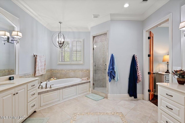 bathroom featuring shower with separate bathtub, an inviting chandelier, ornamental molding, vanity, and tile patterned floors