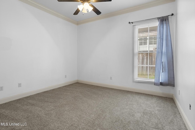 empty room featuring ceiling fan, ornamental molding, a healthy amount of sunlight, and carpet