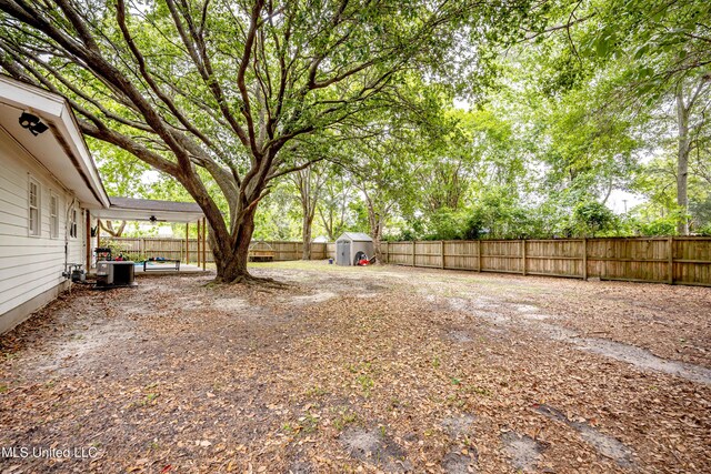 view of yard featuring an outdoor structure, a storage shed, and a fenced backyard