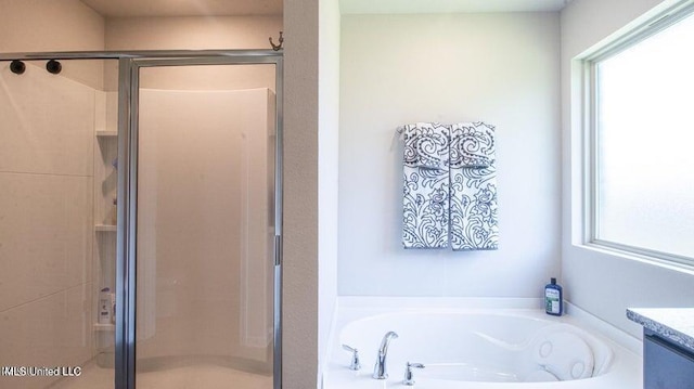 bathroom featuring vanity, plenty of natural light, and plus walk in shower