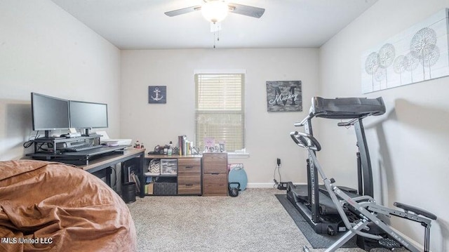 office featuring light carpet and ceiling fan