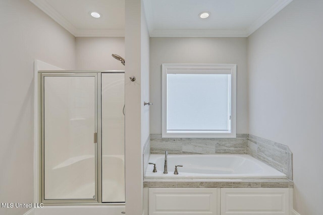 953 Glenwild Cir, Canton, MS 39046 - bathroom with a shower stall, a bath, ornamental molding, and recessed lighting