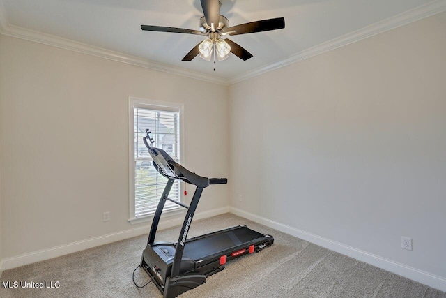 953 Glenwild Cir, Canton, MS 39046 - workout room featuring crown molding, ceiling fan, and carpet floors