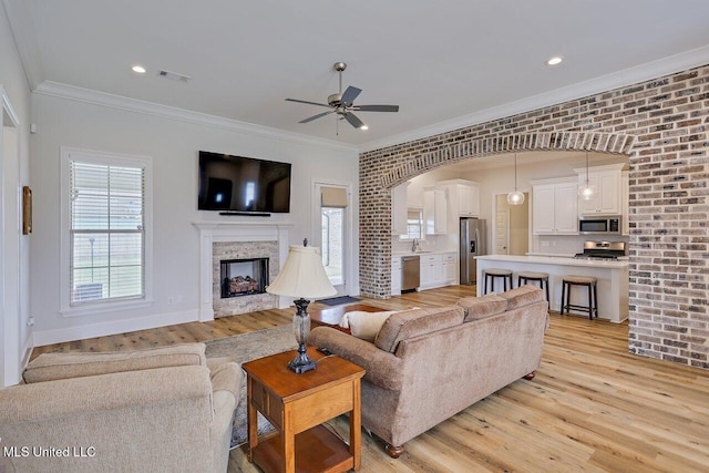 953 Glenwild Cir, Canton, MS 39046 - living area featuring a ceiling fan, light wood-style flooring, ornamental molding, healthy amount of natural light, and a fireplace