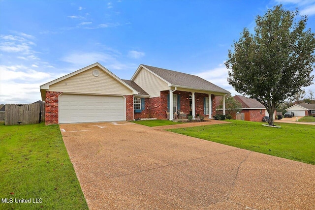 ranch-style house featuring a front yard and a garage