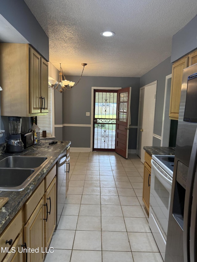 8528 E Cedar Cir, Southaven, MS 38671 - kitchen featuring white range with electric cooktop, a textured ceiling, fridge with ice dispenser, dark countertops, and a chandelier
