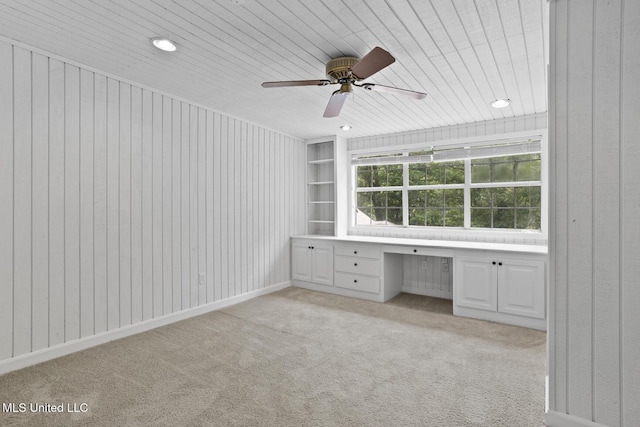 1757 Hillview Dr, Jackson, MS 39211 - unfurnished office with built in study area, wooden ceiling, light colored carpet, a ceiling fan, and recessed lighting