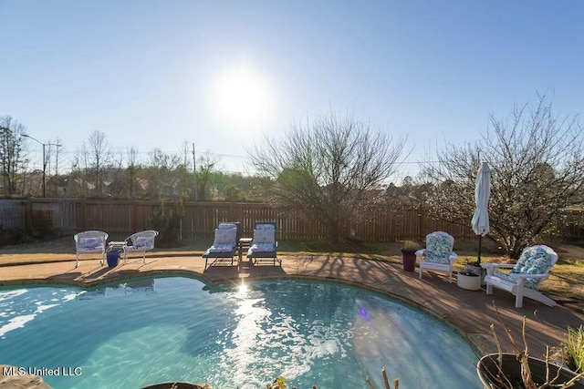 view of pool with a patio area, a fenced backyard, and a fenced in pool