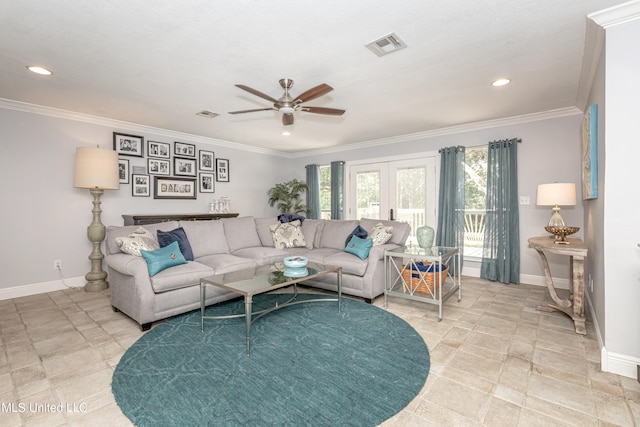 living room with crown molding, french doors, and ceiling fan