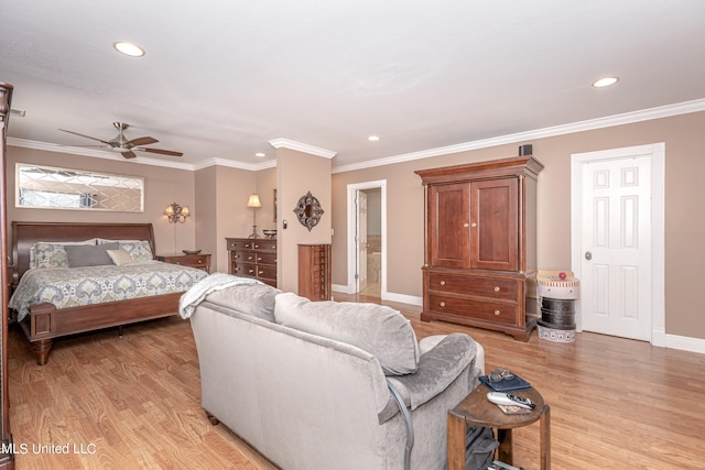 bedroom with ceiling fan, ornamental molding, and light wood-type flooring