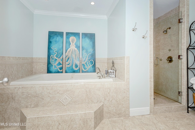 bathroom with crown molding and shower with separate bathtub