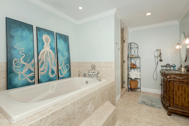 bathroom with vanity, crown molding, tile patterned floors, and separate shower and tub