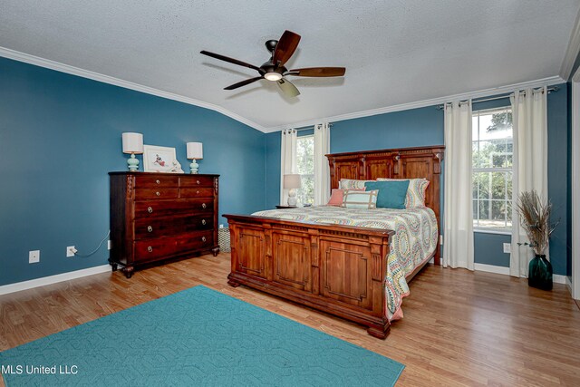 bedroom with light hardwood / wood-style flooring, multiple windows, a textured ceiling, and ceiling fan