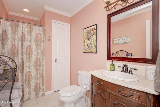 bathroom featuring a textured ceiling, toilet, tile patterned floors, vanity, and ornamental molding