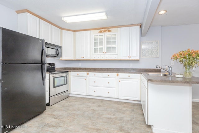 kitchen with sink, black appliances, white cabinetry, and kitchen peninsula