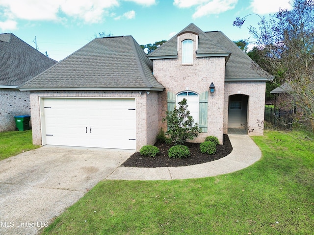 french country style house with a front yard and a garage