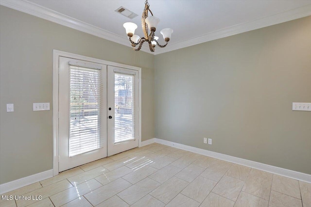 interior space with a chandelier, light tile patterned floors, crown molding, and french doors