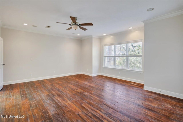 spare room with dark hardwood / wood-style floors, ceiling fan, and crown molding