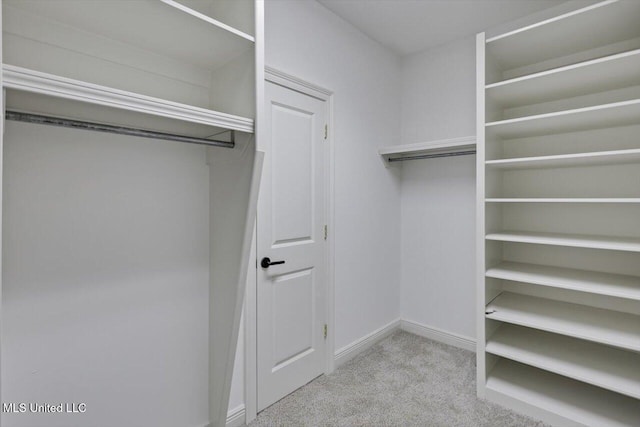 walk in closet featuring light colored carpet