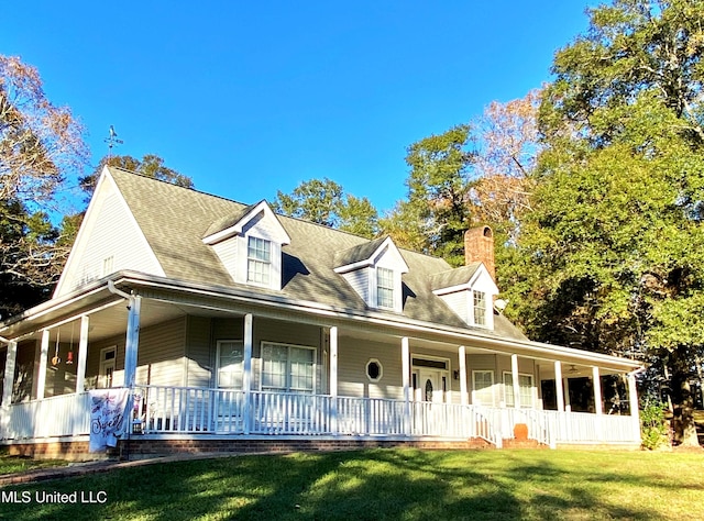 view of front of home featuring a front yard, covered porch, and a chimney