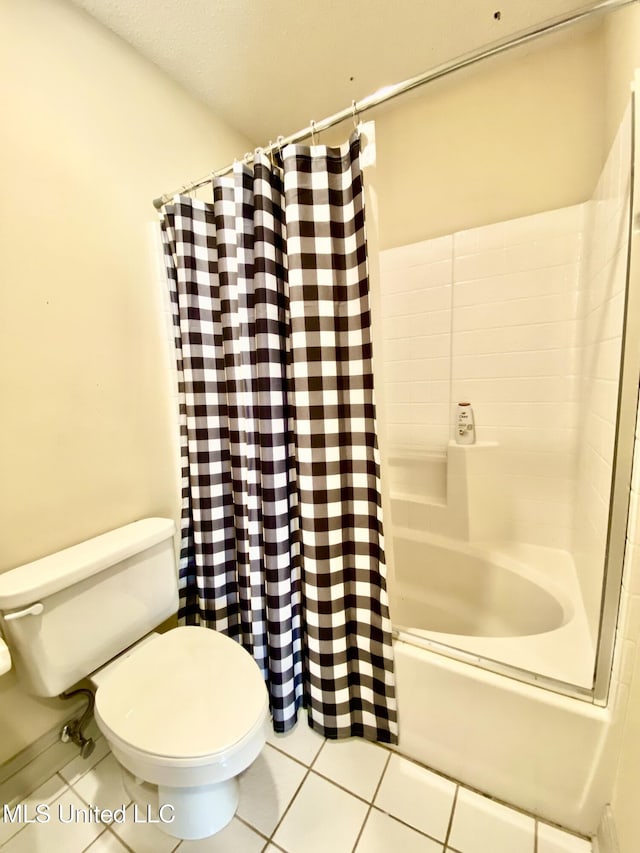 full bath with toilet, shower / bath combination with curtain, and tile patterned floors