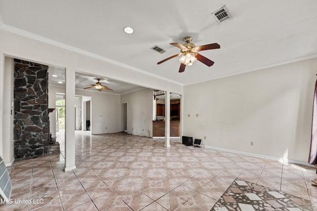 224 Clarence Ave, Pass Christian, MS 39571 - unfurnished living room with a ceiling fan, ornamental molding, recessed lighting, and baseboards