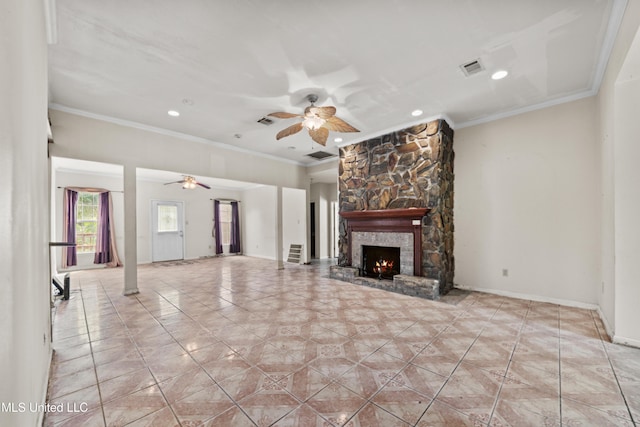 224 Clarence Ave, Pass Christian, MS 39571 - unfurnished living room with ceiling fan, recessed lighting, ornamental molding, a fireplace, and baseboards