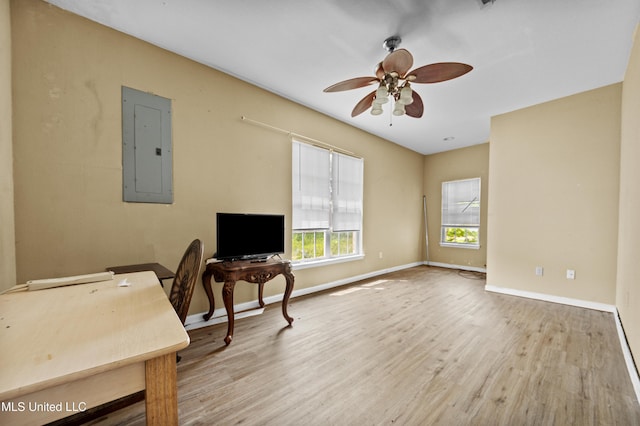 224 Clarence Ave, Pass Christian, MS 39571 - office area with electric panel, wood finished floors, ceiling fan, and baseboards