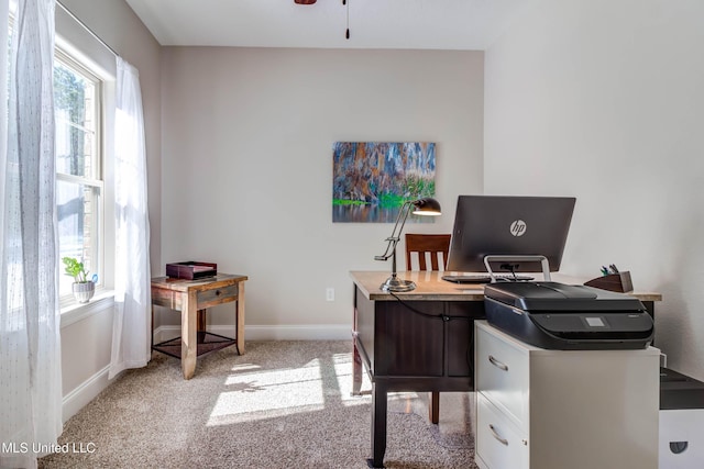 carpeted office with ceiling fan