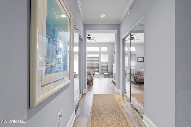 corridor with hardwood / wood-style flooring and ornamental molding