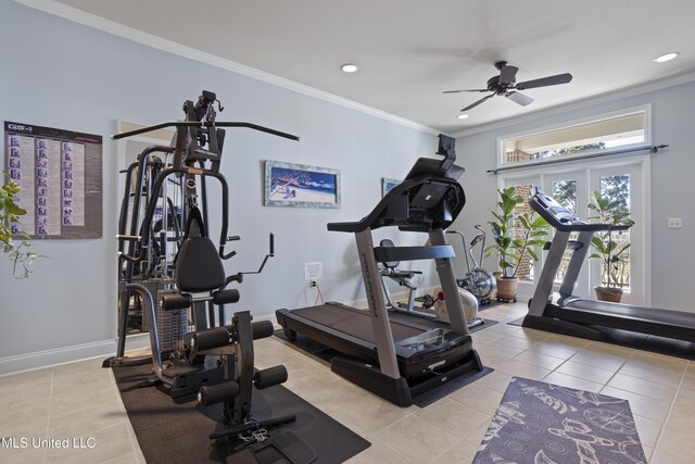 workout room featuring ceiling fan, light tile patterned floors, and ornamental molding