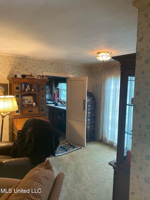 210 Colonial Cir, Jackson, MS 39211 - carpeted living room with wallpapered walls and crown molding