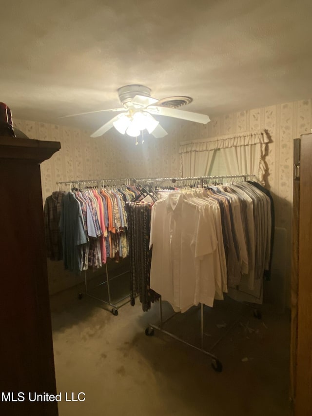 210 Colonial Cir, Jackson, MS 39211 - carpeted bedroom featuring wallpapered walls and a ceiling fan