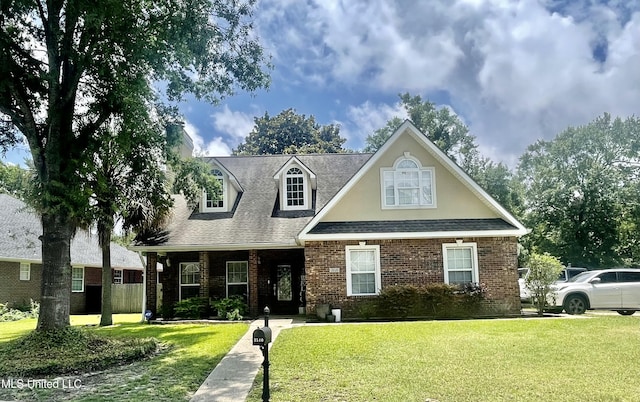 view of front of house featuring a front lawn, brick siding, and a shingled roof