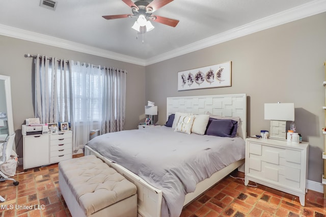 bedroom featuring visible vents, a ceiling fan, crown molding, brick floor, and baseboards