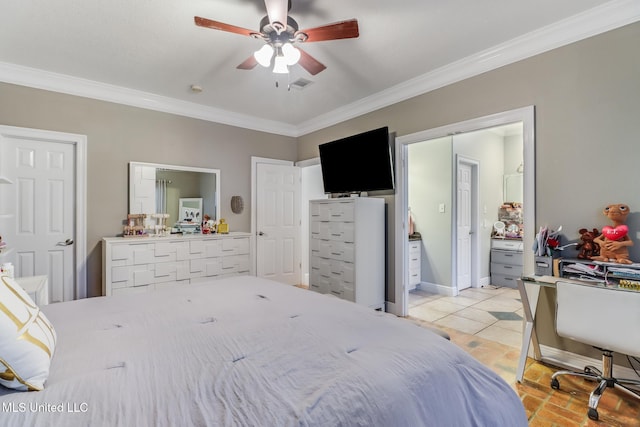 bedroom with visible vents, connected bathroom, crown molding, and baseboards