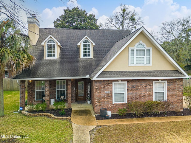 view of front of house with a front lawn, stucco siding, brick siding, and a shingled roof