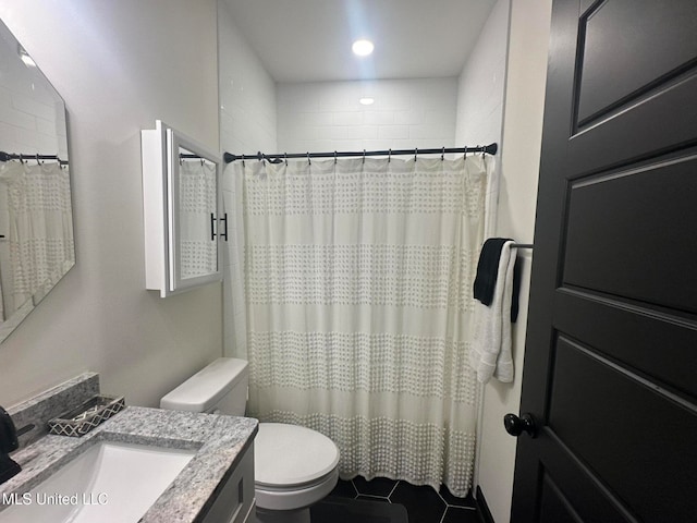 bathroom featuring walk in shower, tile patterned flooring, vanity, and toilet