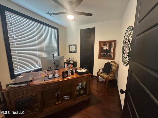 office area featuring ceiling fan and dark wood-type flooring