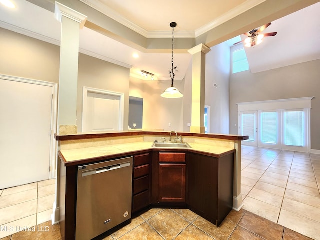 kitchen featuring dishwasher, pendant lighting, light tile patterned floors, ceiling fan, and sink