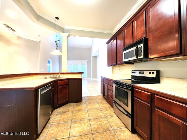 kitchen with sink, ornamental molding, light tile patterned floors, pendant lighting, and appliances with stainless steel finishes