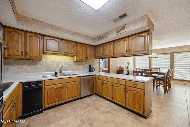 kitchen featuring sink, stainless steel dishwasher, kitchen peninsula, crown molding, and light tile patterned flooring