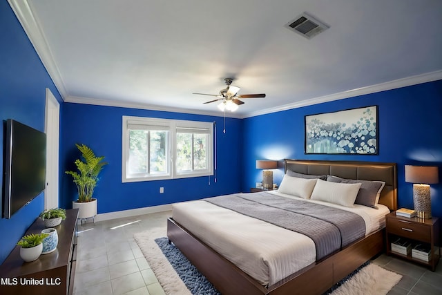 63720 N Diamondhead Dr, Diamondhead, MS 39525 - bedroom with tile patterned floors, ornamental molding, baseboards, and ceiling fan