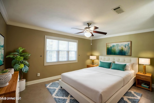 63720 N Diamondhead Dr, Diamondhead, MS 39525 - bedroom featuring crown molding, baseboards, tile patterned flooring, and ceiling fan